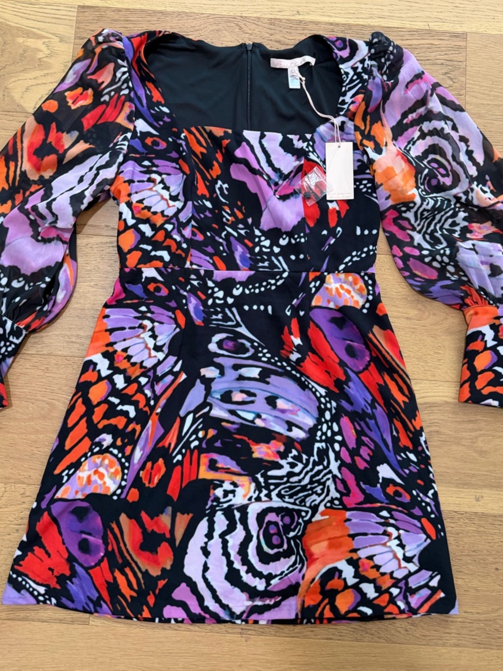 Hutch Elaine Bold Abstract swirl Square-Neck Butterfly Purple Orange Dress 6 NWT